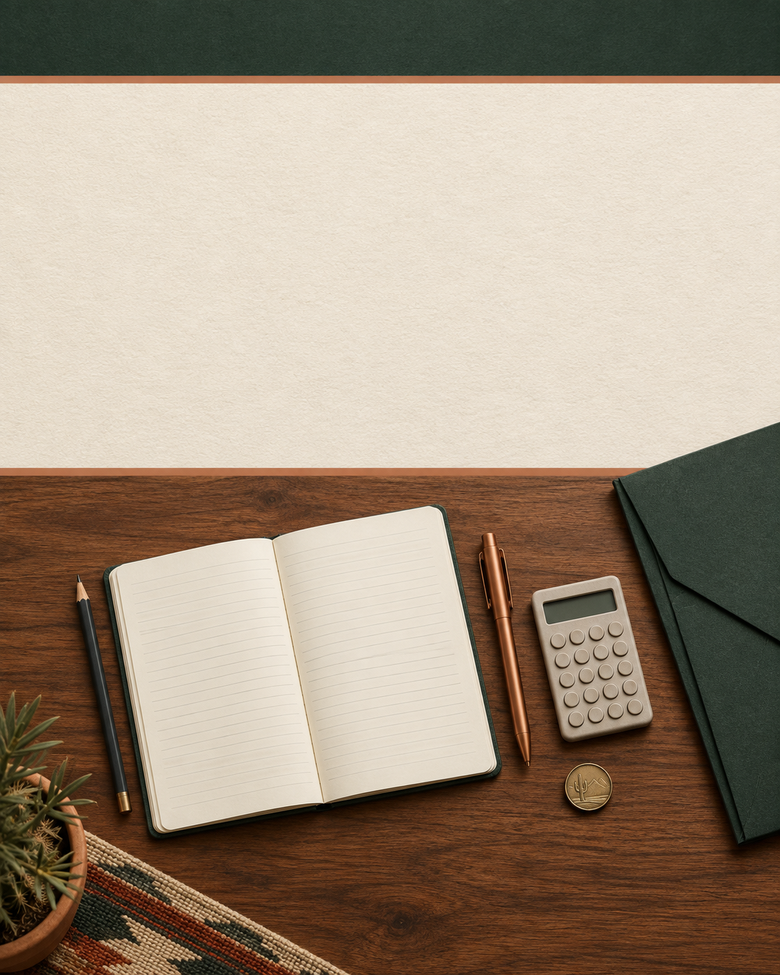 An open notebook and calculator on a desk in Maxwell Group’s cream and green palette.